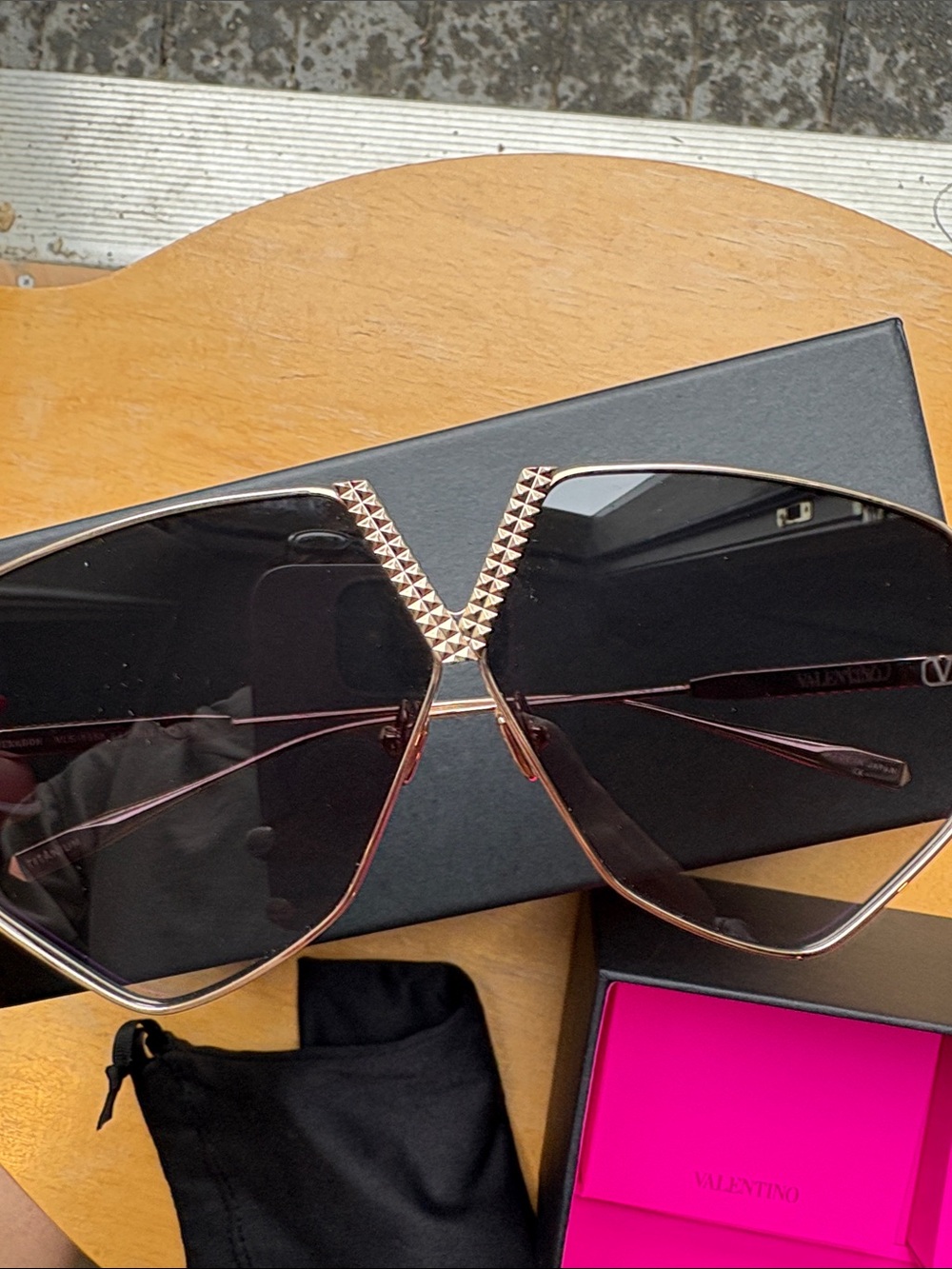 Valentino Black Shield Sunglasses with Gold Stud Bridge